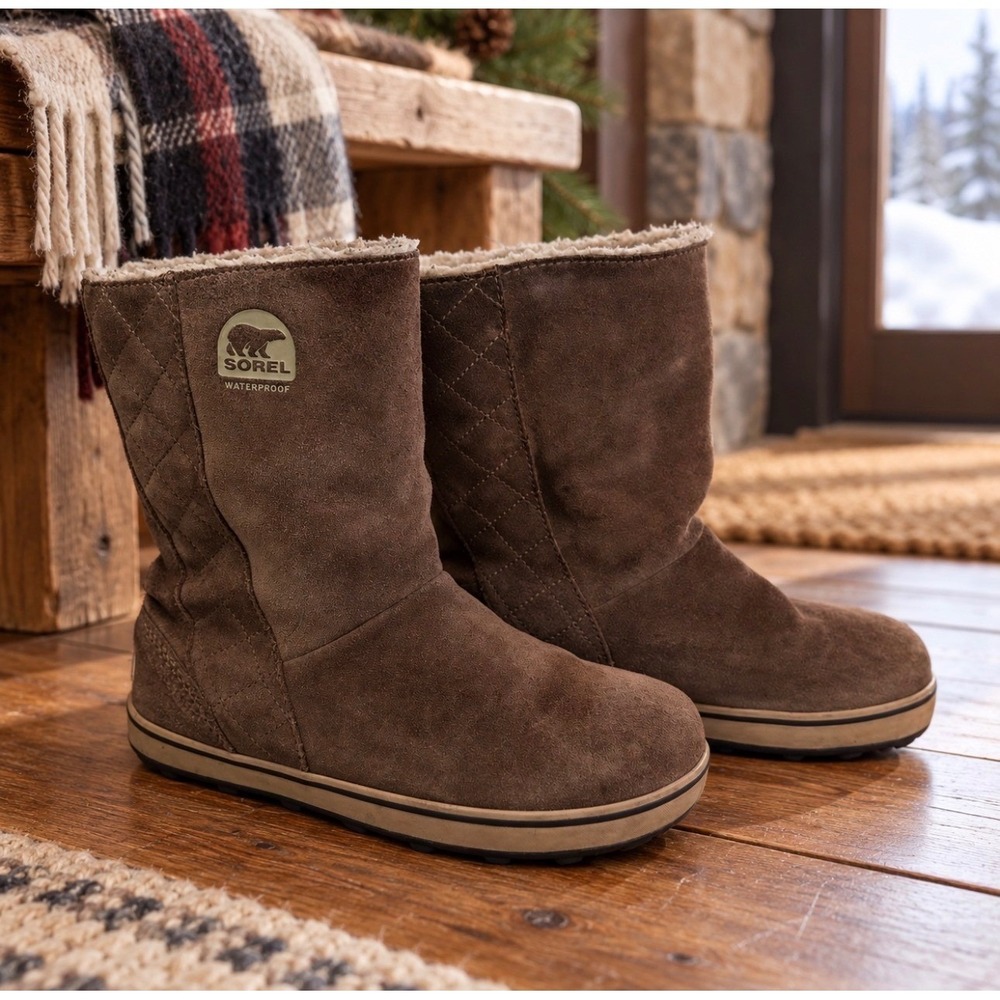 Sorel Glacy Womens 6 Brown Suede Waterproof Winter Boots Faux Fur Lined Pull On